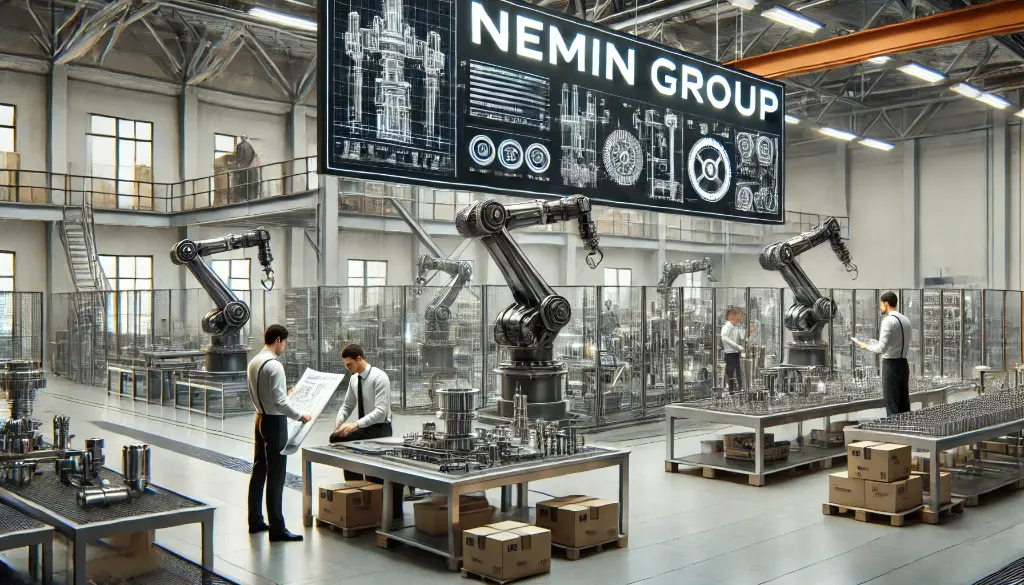 DALL·E 2025-03-06 16.12.23 - A modern mechanical engineering and machine manufacturing company with a large sign that says 'NEMIN GROUP'. The image shows a high-tech industrial fa.webp